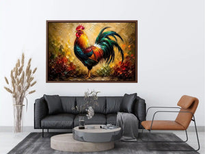 Colorful rooster wall art with vibrant feathers and rustic farmhouse painterly background