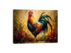 Colorful rooster wall art with vibrant feathers and rustic farmhouse painterly background