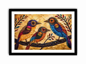 Colorful folk art bird wall art with geometric patterns and vibrant bohemian illustration style