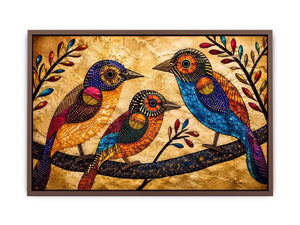 Colorful folk art bird wall art with geometric patterns and vibrant bohemian illustration style
