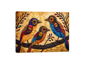 Colorful folk art bird wall art with geometric patterns and vibrant bohemian illustration style