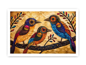 Colorful folk art bird wall art with geometric patterns and vibrant bohemian illustration style