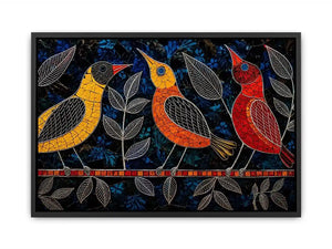 Vibrant modern mosaic bird wall art with colorful stained glass style design on dark blue textured background for luxury contemporary interiors