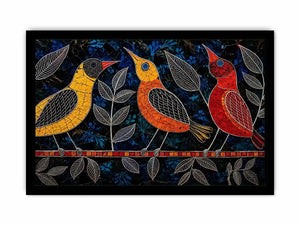 Vibrant modern mosaic bird wall art with colorful stained glass style design on dark blue textured background for luxury contemporary interiors