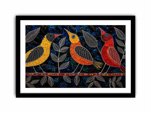 Vibrant modern mosaic bird wall art with colorful stained glass style design on dark blue textured background for luxury contemporary interiors
