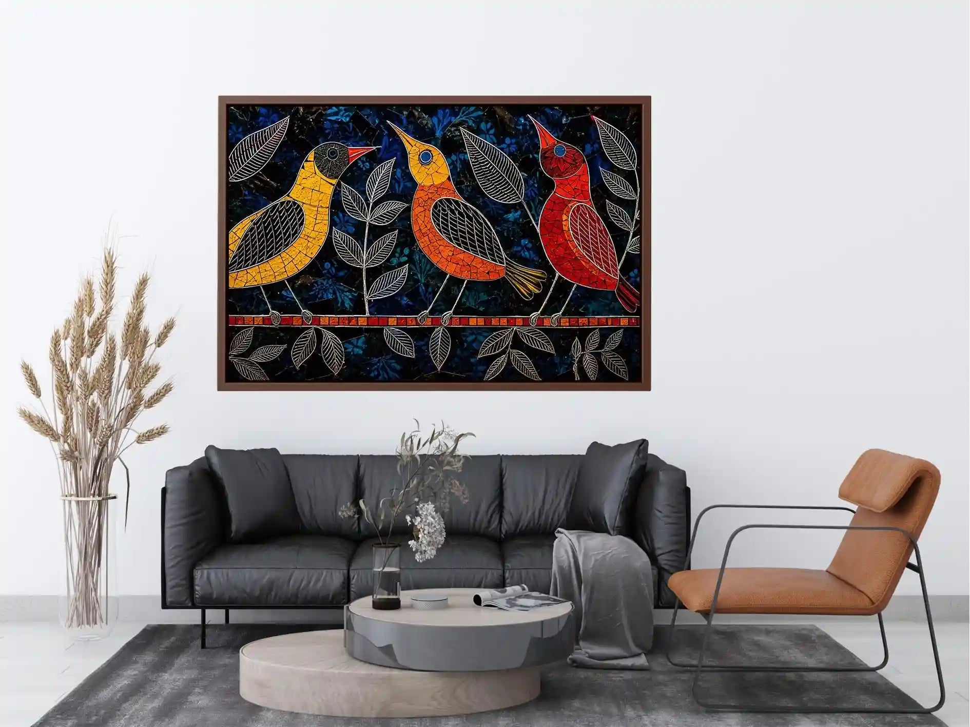 Vibrant modern mosaic bird wall art with colorful stained glass style design on dark blue textured background for luxury contemporary interiors