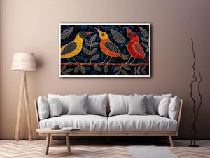 Vibrant modern mosaic bird wall art with colorful stained glass style design on dark blue textured background for luxury contemporary interiors