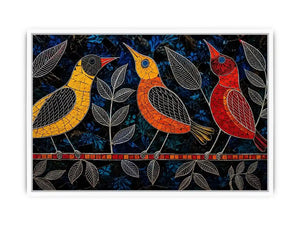 Vibrant modern mosaic bird wall art with colorful stained glass style design on dark blue textured background for luxury contemporary interiors