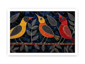 Vibrant modern mosaic bird wall art with colorful stained glass style design on dark blue textured background for luxury contemporary interiors