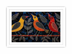 Vibrant modern mosaic bird wall art with colorful stained glass style design on dark blue textured background for luxury contemporary interiors