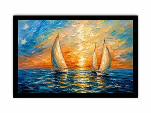 Luxury coastal sailboat wall art with white sailing boats on blue ocean water and glowing pastel sunset sky in modern impressionist style