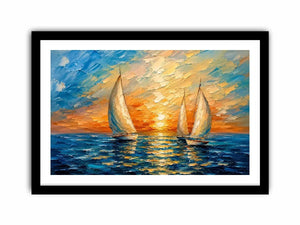 Luxury coastal sailboat wall art with white sailing boats on blue ocean water and glowing pastel sunset sky in modern impressionist style