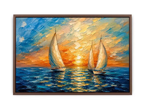 Luxury coastal sailboat wall art with white sailing boats on blue ocean water and glowing pastel sunset sky in modern impressionist style