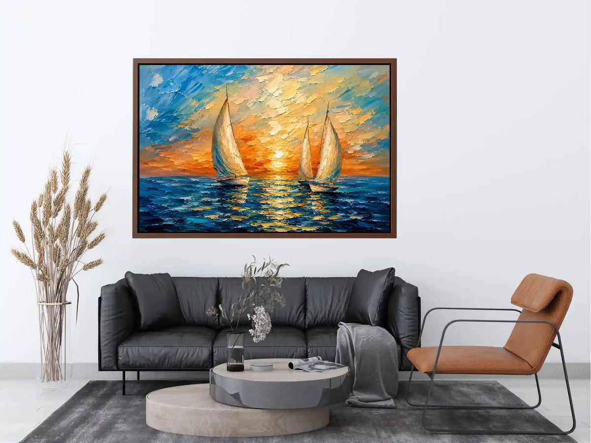 Luxury coastal sailboat wall art with white sailing boats on blue ocean water and glowing pastel sunset sky in modern impressionist style