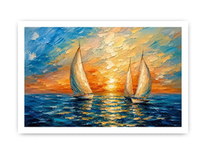 Luxury coastal sailboat wall art with white sailing boats on blue ocean water and glowing pastel sunset sky in modern impressionist style