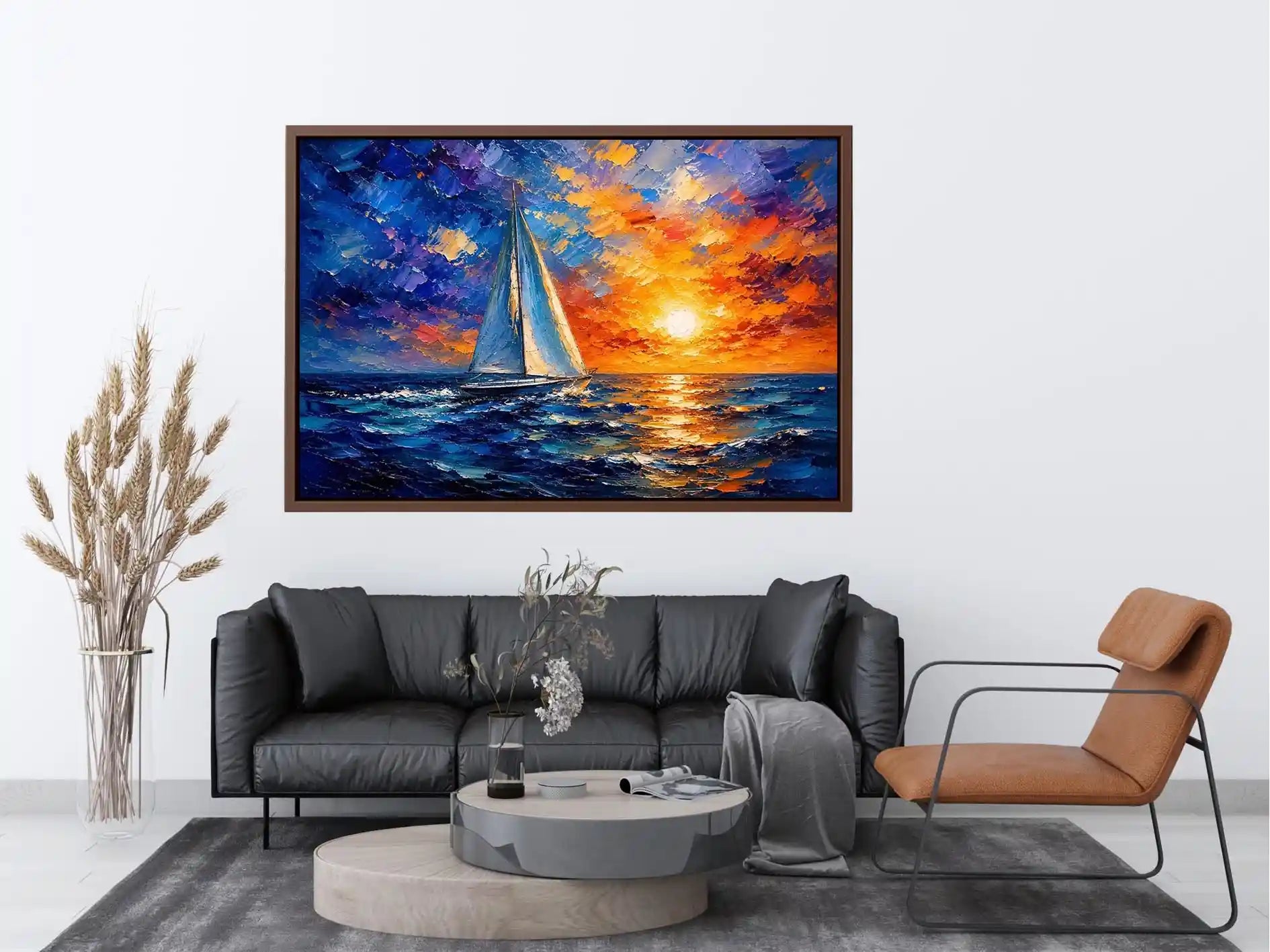 Luxury abstract sailboat wall art with vibrant blue ocean waves and glowing sunset sky in modern coastal impressionist painting style