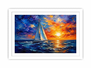 Luxury abstract sailboat wall art with vibrant blue ocean waves and glowing sunset sky in modern coastal impressionist painting style