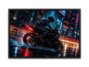 Cyberpunk rider on a futuristic motorcycle with neon city lights and rain reflections