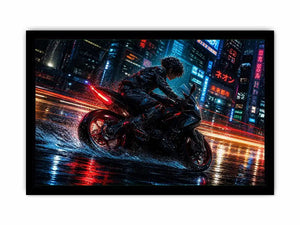 Cyberpunk rider on a futuristic motorcycle with neon city lights and rain reflections