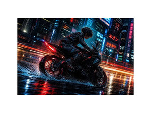 Cyberpunk rider on a futuristic motorcycle with neon city lights and rain reflections