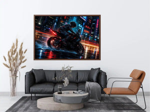 Cyberpunk rider on a futuristic motorcycle with neon city lights and rain reflections