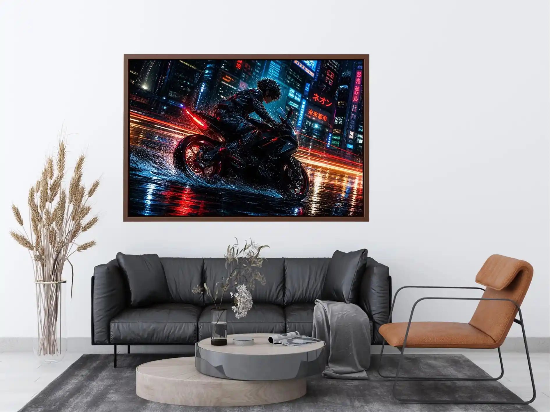 Cyberpunk rider on a futuristic motorcycle with neon city lights and rain reflections