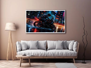 Cyberpunk rider on a futuristic motorcycle with neon city lights and rain reflections