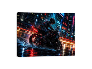 Cyberpunk rider on a futuristic motorcycle with neon city lights and rain reflections