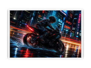 Cyberpunk rider on a futuristic motorcycle with neon city lights and rain reflections