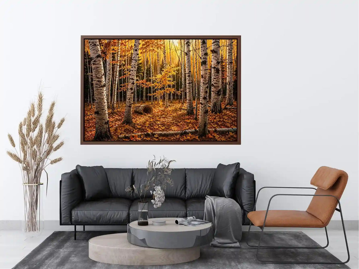 Luxury autumn birch forest wall art with golden foliage and white tree trunks in a serene woodland landscape painting style