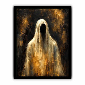 Dark abstract ghost wall art with haunting veiled figure and moody textured black background in contemporary expressionist painting style