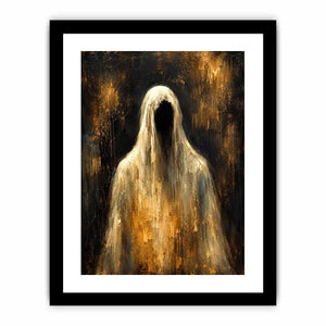 Dark abstract ghost wall art with haunting veiled figure and moody textured black background in contemporary expressionist painting style