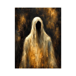 Dark abstract ghost wall art with haunting veiled figure and moody textured black background in contemporary expressionist painting style