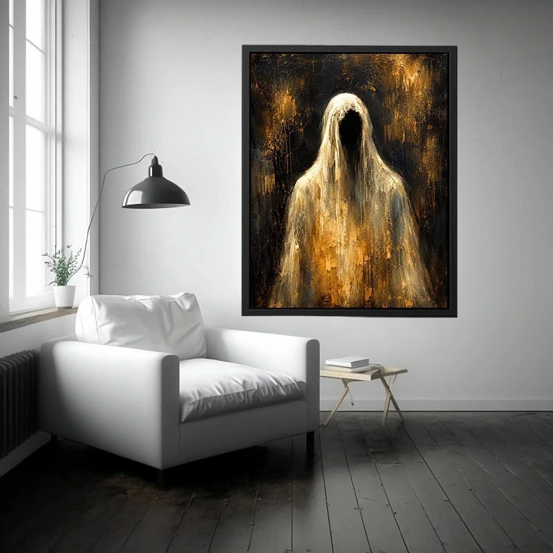 Dark abstract ghost wall art with haunting veiled figure and moody textured black background in contemporary expressionist painting style