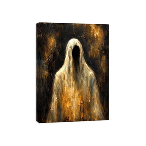 Dark abstract ghost wall art with haunting veiled figure and moody textured black background in contemporary expressionist painting style