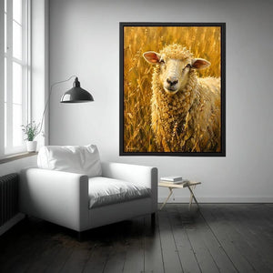 Rustic sheep wall art featuring a soft white sheep in golden meadow grass with warm farmhouse painting textures and cozy countryside styling