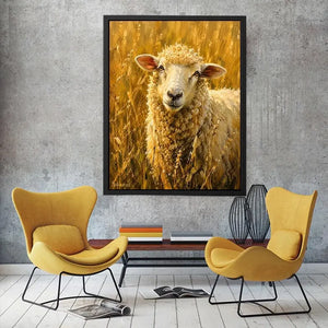 Rustic sheep wall art featuring a soft white sheep in golden meadow grass with warm farmhouse painting textures and cozy countryside styling
