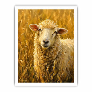Rustic sheep wall art featuring a soft white sheep in golden meadow grass with warm farmhouse painting textures and cozy countryside styling