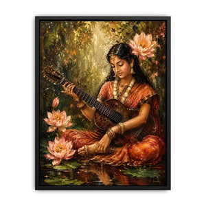 Boho musician wall art featuring a serene woman playing guitar surrounded by lotus flowers in vintage-inspired artistic painting style