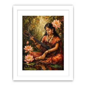 Boho musician wall art featuring a serene woman playing guitar surrounded by lotus flowers in vintage-inspired artistic painting style