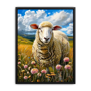 Luxury sheep wall art featuring fluffy white sheep standing in a colorful wildflower meadow under soft blue skies in farmhouse painting style
