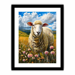 Luxury sheep wall art featuring fluffy white sheep standing in a colorful wildflower meadow under soft blue skies in farmhouse painting style