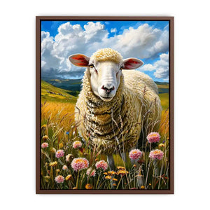Luxury sheep wall art featuring fluffy white sheep standing in a colorful wildflower meadow under soft blue skies in farmhouse painting style