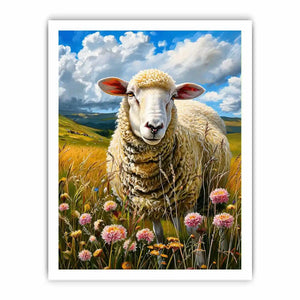 Luxury sheep wall art featuring fluffy white sheep standing in a colorful wildflower meadow under soft blue skies in farmhouse painting style