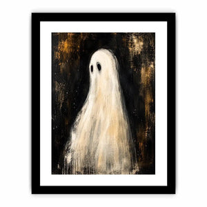 Minimal ghost wall art featuring a haunting white phantom figure on dark textured background in modern gothic painting style