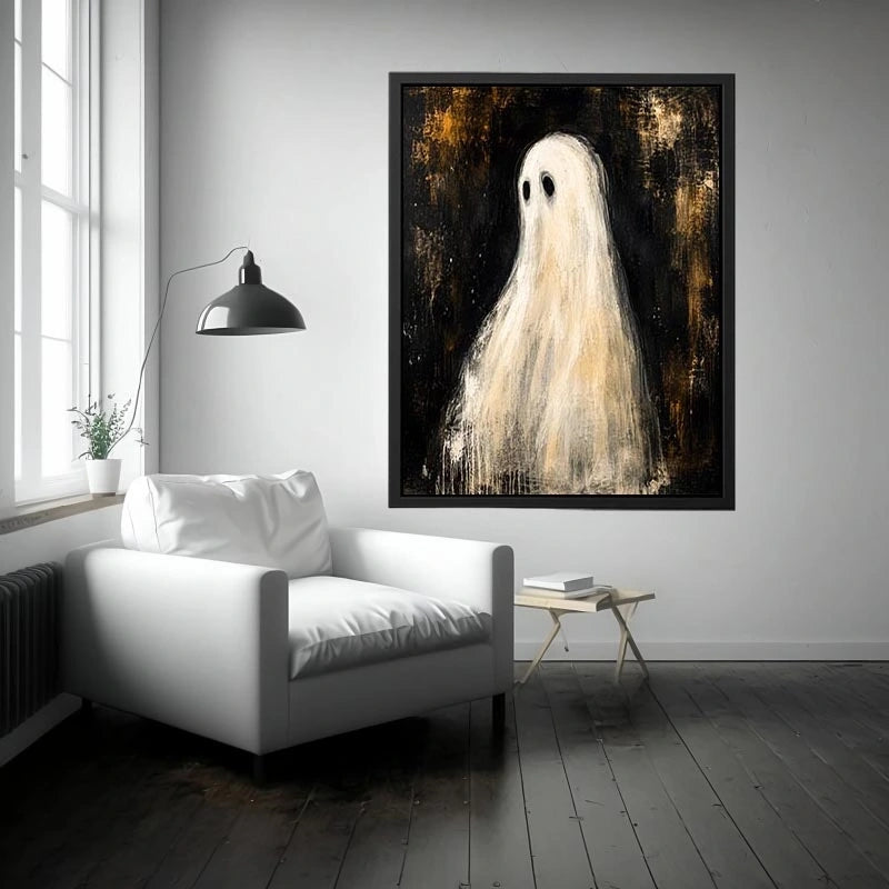 Minimal ghost wall art featuring a haunting white phantom figure on dark textured background in modern gothic painting style