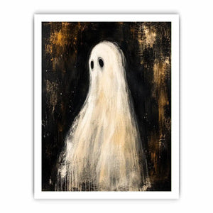 Minimal ghost wall art featuring a haunting white phantom figure on dark textured background in modern gothic painting style