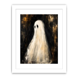 Minimal ghost wall art featuring a haunting white phantom figure on dark textured background in modern gothic painting style