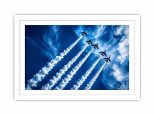 Modern aviation wall art featuring jet planes flying in formation with dramatic smoke trails across deep blue sky in dynamic photography style
