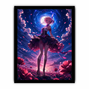 Anime fantasy girl standing in a glowing floral field under a celestial sky
